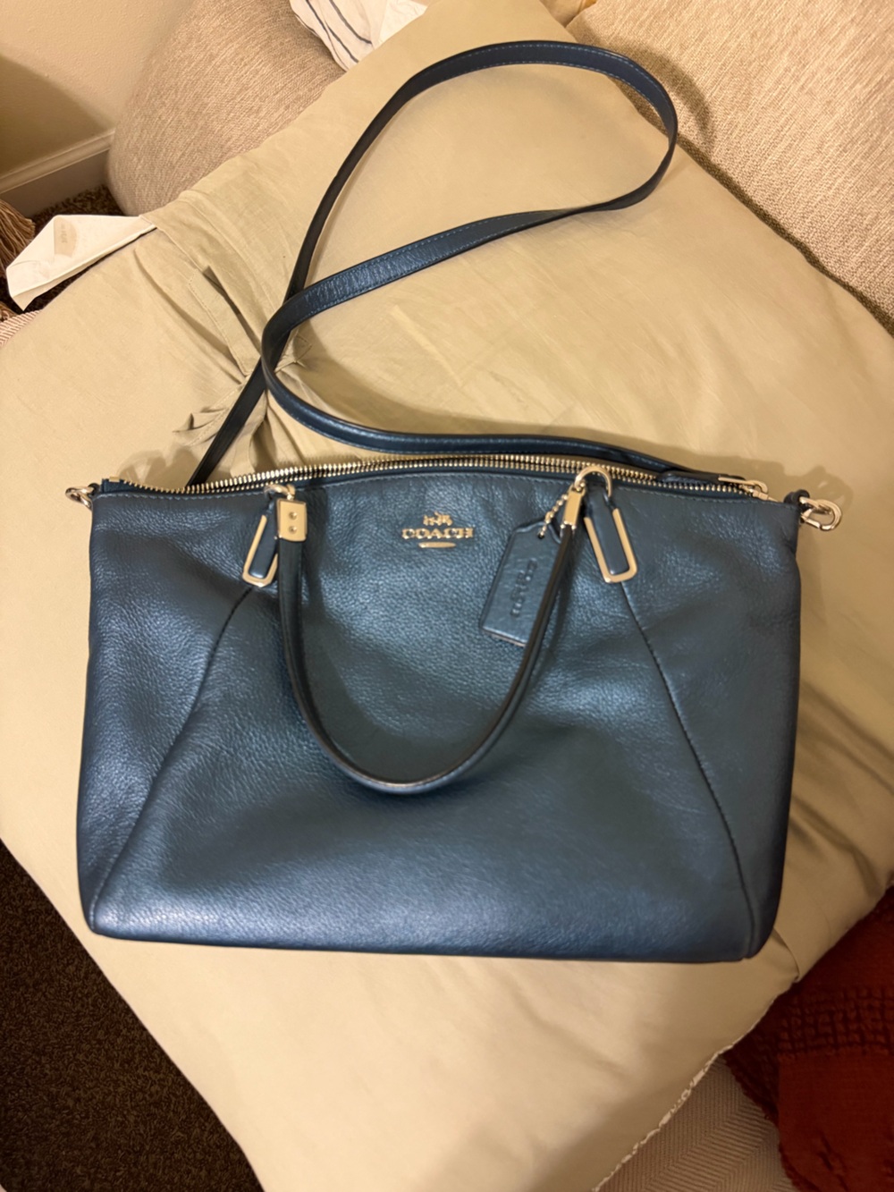 Coach Deep Teal Pebbled Leather Tote with Gold Hardware